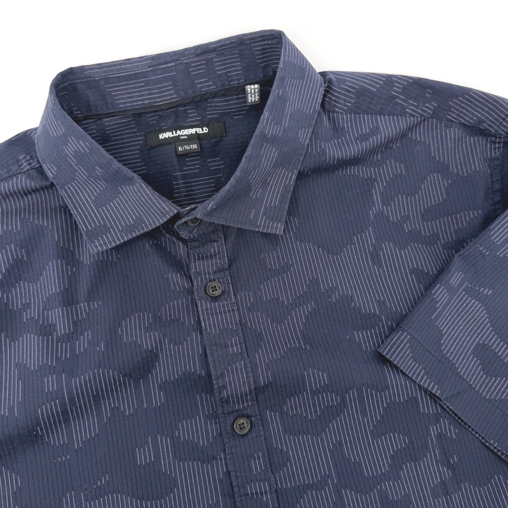 Karl Lagerfeld Paris Shirt Mens XL Dark Blue Good Camo Pinstripe Button Down